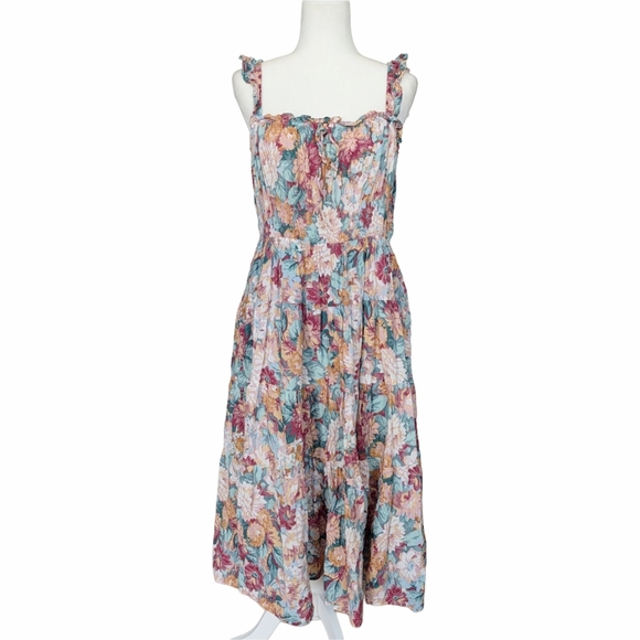 Lulus Dresses & Skirts - Lulus Blue Pink White Floral Ruffled Smocked Bodice Midi Sundress Size XL